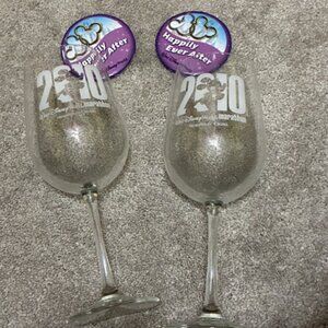 Vintage Disney Etched Wine Glasses(2) - Cabernet Glasses - Plus 2 Disney Pins